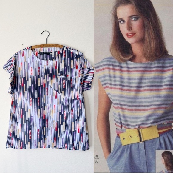Vintage 80’s striped capped sleeve striped‎ pullover blouse M - Picture 1 of 5
